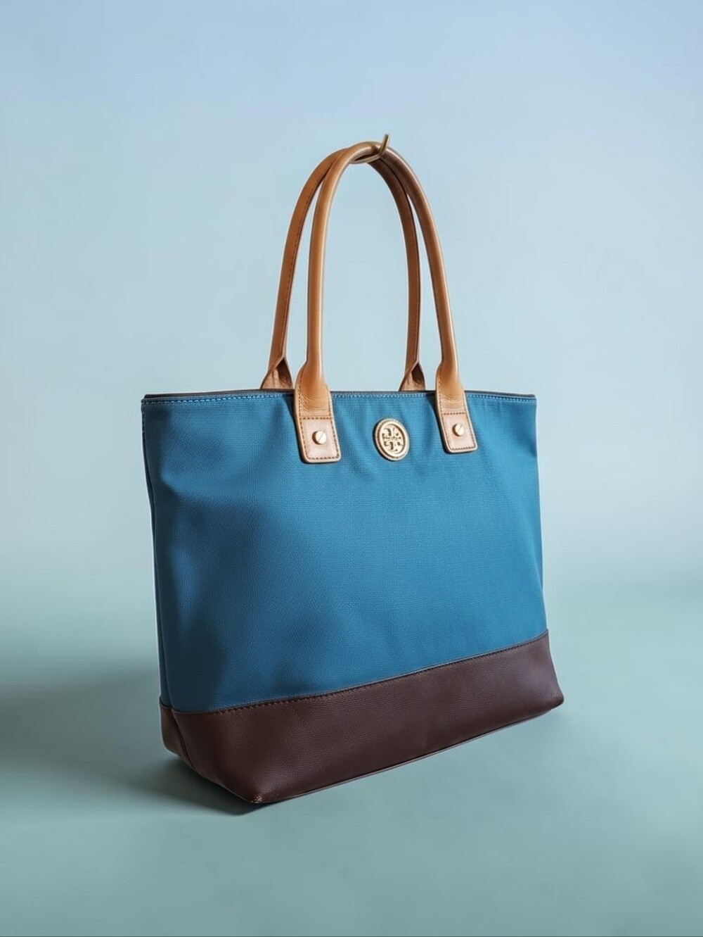 TORY BURCH Teal and Brown Tote Bag with Tan Handles HLM034 05-14.